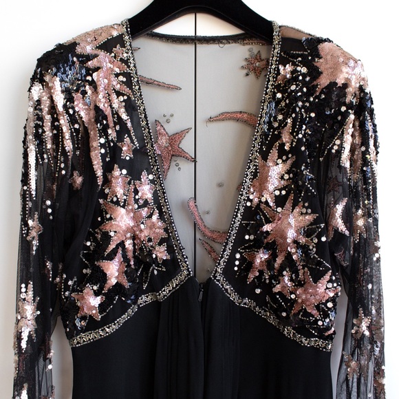 Bob Mackie Vintage 1980s Celestial Moon Stars Sequin Embellished Pink Black Gown - Picture 7 of 16